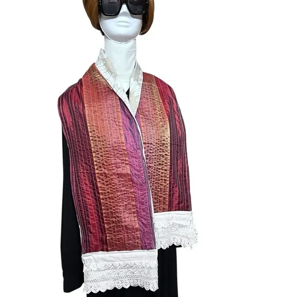 Artisan Reversible Handmade Scarf Lace Trim Sunflower + Red Gold Boho Wrap